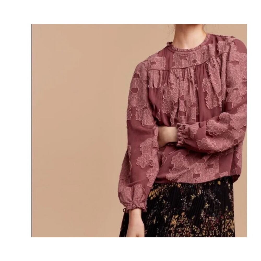 Wilfred Lourdes Floral Embroidered Long Sleeve Mauve Blouse US Women's XXS